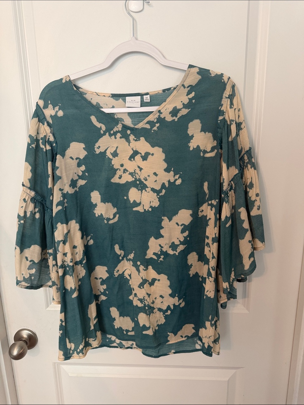 new directions Teal and Cream Tie-Dye V-Neck Bell Sleeve Top